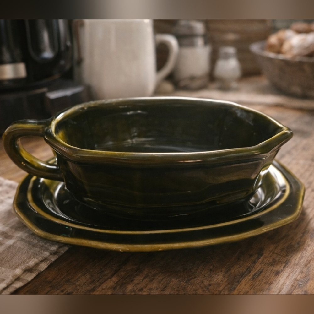 Vintage Pfaltzgraff Heritage Green Stoneware Gravy Boat Cottagecore / Farmhouse